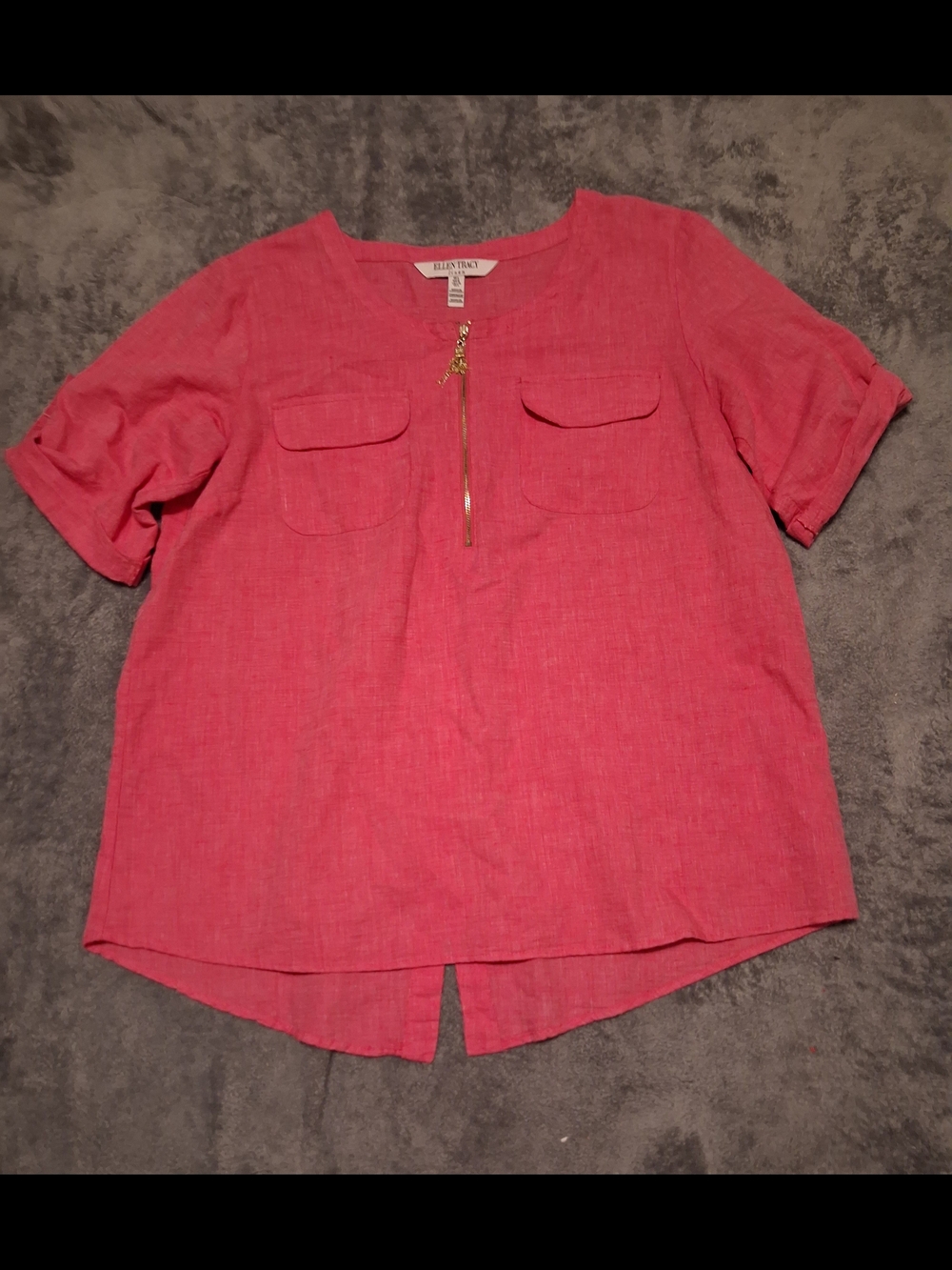 Ellen Tracy  Short-Sleeve Coral Pink Zip Front Cotton Linen-Blend Top